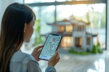 woman using her mobile phone to search for real estate properties online.