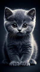 Obraz premium A close-up portrait of an adorable gray kitten with large, expressive eyes and soft fur, set against a dark background, showcasing its delicate features and curious expression