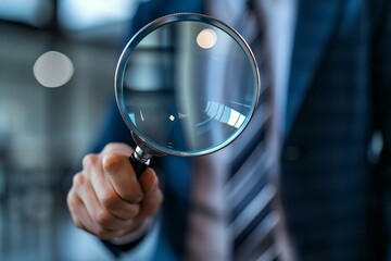 close-up shot of an auditor using a magnifying glass to investigate corporate fraud, highlighting transparency and financial integrity.