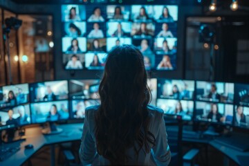 An overhead shot of a businesswoman watching a video conference meeting on multiple computer monitors in a modern office setting.