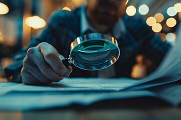 close-up photo of a fraud auditor using a magnifying glass to inspect a business document for potential fraudulent activity.
