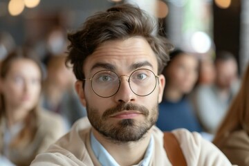 close-up shot of a bored employee trying to stay awake during a long video conference training meeting, showing their unmotivated expression and struggle to pay attention.