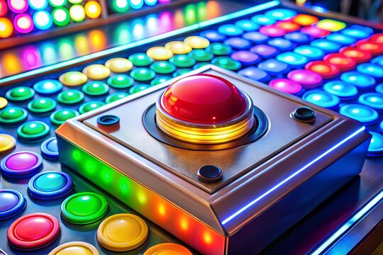 Colorful electric game show buzzer with flashing lights and a prominent button on a sleek console, ready to