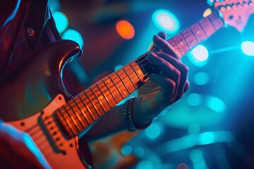 Naklejka premium Guitar neck with chords, close-up of the hands of a musician playing the guitar