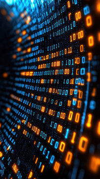 Digital data exchange through telecommunication satellites, visualizing binary code, data packets, and secure connections