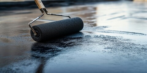 Black roller brush in action applying waterproof coating on rooftop, copy space - roofing, construction, protective coatings