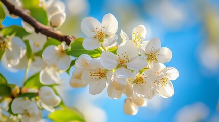 Obraz premium Blossom flowers on tree under blue sky.