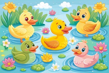 Colorful illustrated vector set of happy ducks in various poses, surrounded by water lilies and flowers, perfect for