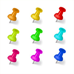 Colorful thumbtacks set. Glossy plastic pin tacks. Bright pushpins icons isolated on white. Pins tacks. Realistic pushpins. Vector 3d illustration. Office stationery.