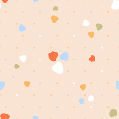 Abstract colorful shapes with dots on a beige background. Seamless vector pattern.