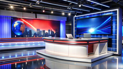 Modern news studio with bright lighting and digital screens, broadcast setup