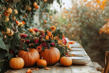 A rustic table is adorned with vibrant pumpkins and autumnal flowers, set in a garden filled with fall colors and foliage.