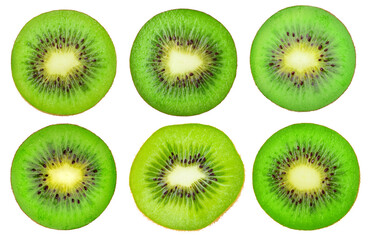 Fototapeta premium Cross sections of kiwi fruit of different shapes isolated on white background