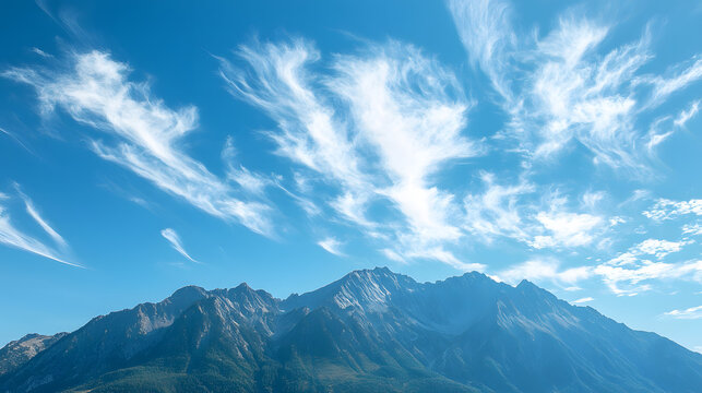 A majestic mountain range under a clear blue sky with a few scattered clouds.