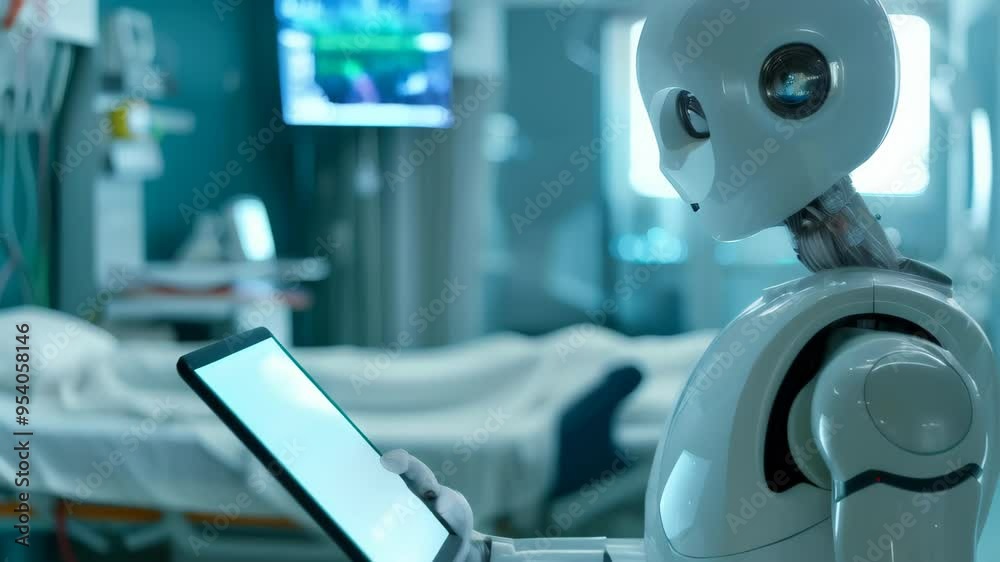 Poster white humanoid robot holding a tablet in a hospital, symbolizing ai and robotics in healthcare.