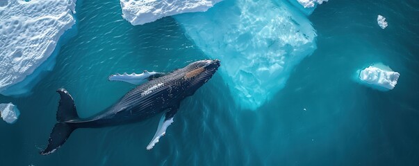 Fototapeta premium Aerial shot of two humpback whales swimming alongside vast icebergs in the deep, icy blue Arctic waters.