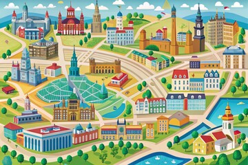 Colorful illustrative map of Edinburgh town center showcasing major landmarks, streets, and buildings in a stylized and
