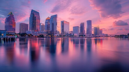 Cityscape with skyscrapers reflected in calm water at sunset.