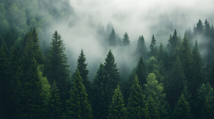 A misty mountain forest with tall pine trees and a hidden waterfall in the distance.