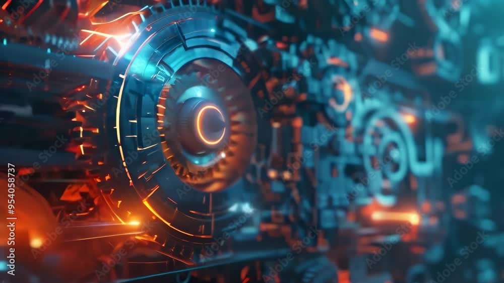 Poster close-up view of futuristic machinery with glowing gears in blue and orange light. high-tech mechani