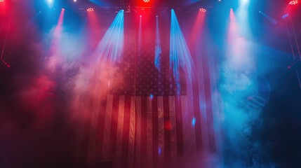 An American flag is illuminated by blue and red spotlights in a dark, smokey venue.