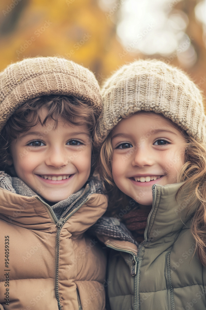 Wall mural two children in warm clothes in autumn park portrait Generative AI