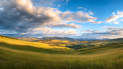 Fototapeta premium A panoramic view of rolling hills and distant mountains under a dramatic sky.