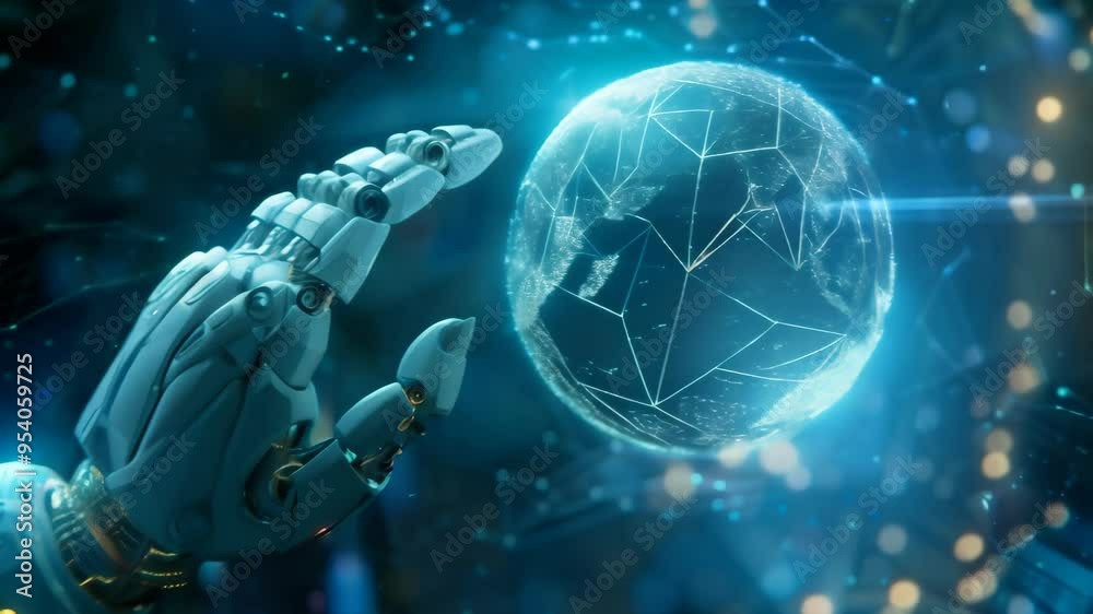 Poster Futuristic robotic hand reaching towards a glowing digital globe, symbolizing global AI and technology network. Concept of artificial intelligence and world connectivity.
