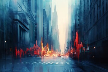 Fototapeta premium A futuristic depiction of a financial district at dusk, where towering skyscrapers loom over a city street bathed in soft blue tones.