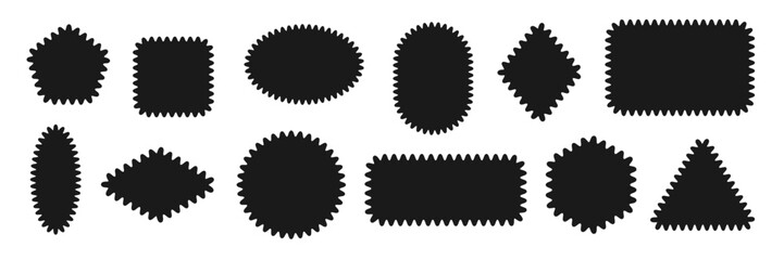 Collection of Black wavy zigzag squiggly edge Geometric shapes. Scalloped frame icon. Rectangle Ellipse triangle rhombus silhouette Box. Simple empty Tag Label Stamp mark Badge element for design