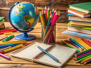Colorful pens, notebooks, and textbook pages create a vibrant collage on a wooden desk, surrounded by scattered papers