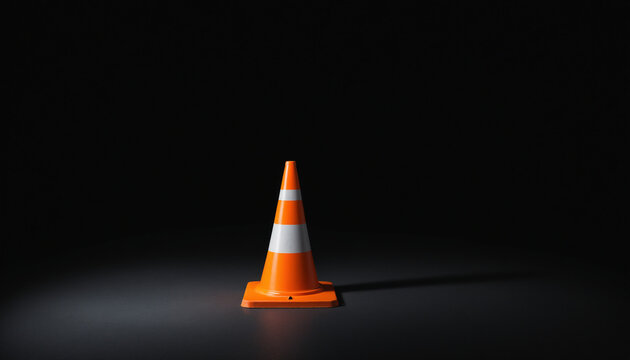 C&ocirc;ne travaux plot signalisation chantier orange fluo avertissement danger route fond noir.