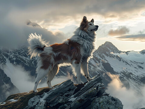 Aidi dog standing alert on a rugged mountain terrain, its thick fur ruffled by the wind, with distant peaks and a dramatic sky in the background, showcasing its strength and resilience, cinematic styl