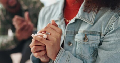 Woman, hands and ring with doubt for divorce, relationship mistake or issues and emotional stress for separation. Closeup, conflict and decision in home to break up, choice and toxic environment.