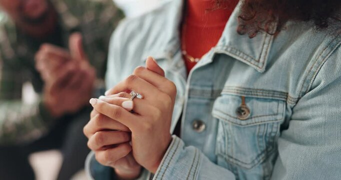 Woman, hands and ring with doubt for divorce, relationship mistake or issues and emotional stress for separation. Closeup, conflict and decision in home to break up, choice and toxic environment.
