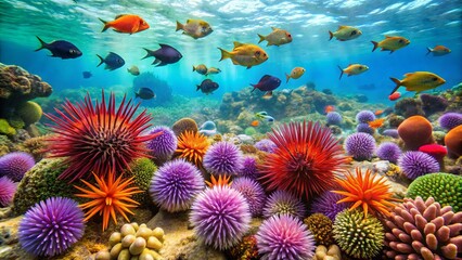 Obraz premium Colorful sea urchins adorn a vibrant coral reef, their delicate spines swaying gently amidst schools of small fish