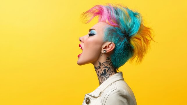 A punk woman features a striking mohawk in turquoise, pink, and blue, expressing her bold personality with lively makeup and a white leather jacket while showcasing her tattoo.