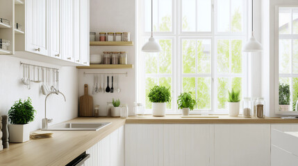 Fototapeta premium Bright Modern Kitchen with Natural Light and Indoor Herb Garden