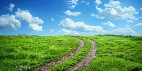 Naklejka premium A winding dirt path through a lush green meadow under a bright blue sky with fluffy clouds