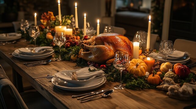 Festive thanksgiving dinner table with roast turkey and candlelight ambiance