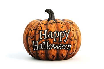Carved wooden Halloween pumpkin, with the words "Happy Halloween" engraved on it, against a white background, in a front-facing view