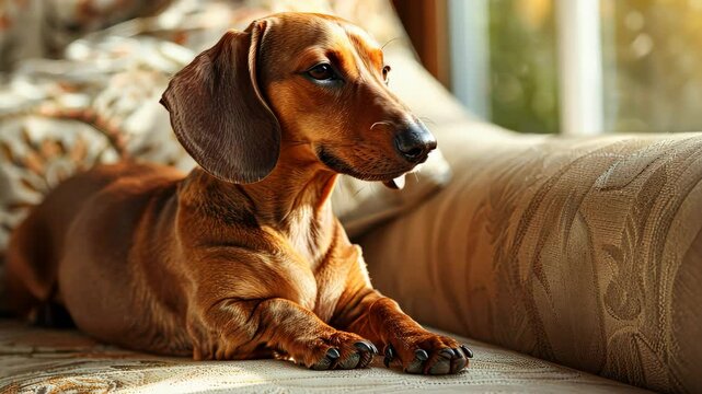 Dachshund resting on a patterned couch, cozy indoor setting. Pet relaxation and comfort concept