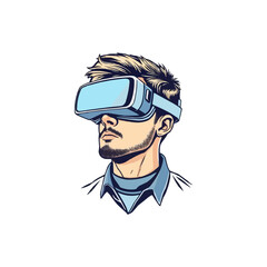 Virtual Reality Goggles. Vector illustration of a guy using virtual reality glasses. Vintage VR Mascot logo design 