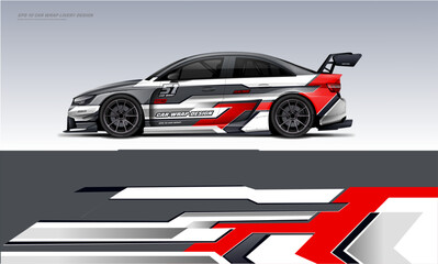 racing car sedan car wrab livery design. decal or livery design. Abstract racing graphics grey with backround. Editable vector template