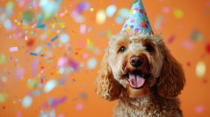 A happy Labradoodle dog wearing a party hat enjoys a birthday celebration as sparkling confetti falls around, creating a vibrant and joyful atmosphere filled with excitement.