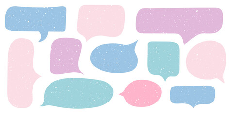 Cute Abstarct Speech bubble with scratched texture collection. Grunge Message clouds set. Hand drawn Chatting icon. Kids Playful text bubbles in pastel colors. Vector illustration