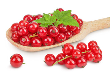 Red currant berries in a wooden spoon with leaf isolated on white background