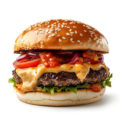 Hot and spicy, Delicious burger on empty white background. PNG burger photo