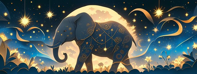 Gold Indian elephant with golden ornament and stars on black background. Ganesh Chaturthi. Diwali. Elephant festival in India. illustration in tribal or boho style for design