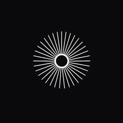 A minimalist design featuring a central circle surrounded by radiating lines, creating a sunburst effect.